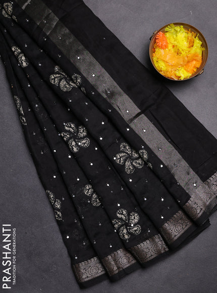 Chanderi silk cotton saree black with butta prints & mirror work and zari woven border