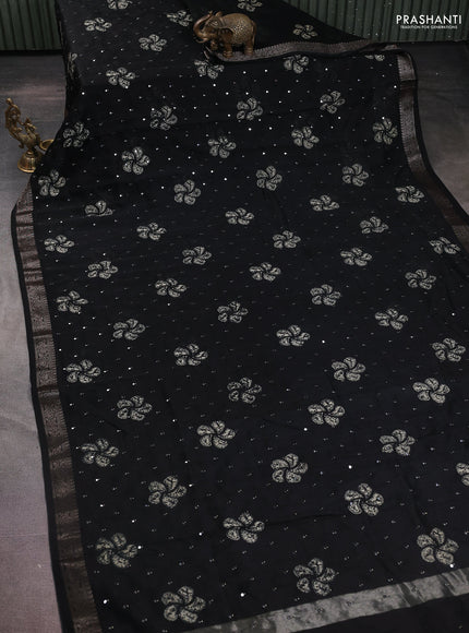 Chanderi silk cotton saree black with butta prints & mirror work and zari woven border