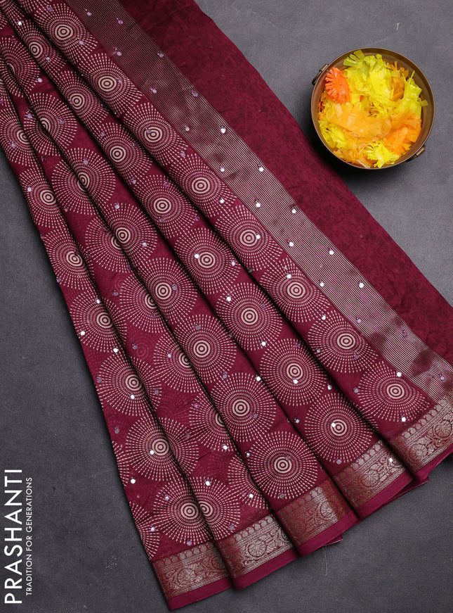 Chanderi silk cotton saree magenta pink with allover geometric prints & mirror work and zari woven border