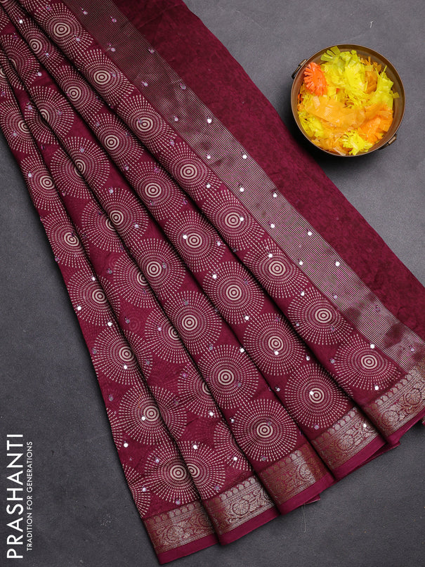 Chanderi silk cotton saree magenta pink with allover geometric prints & mirror work and zari woven border