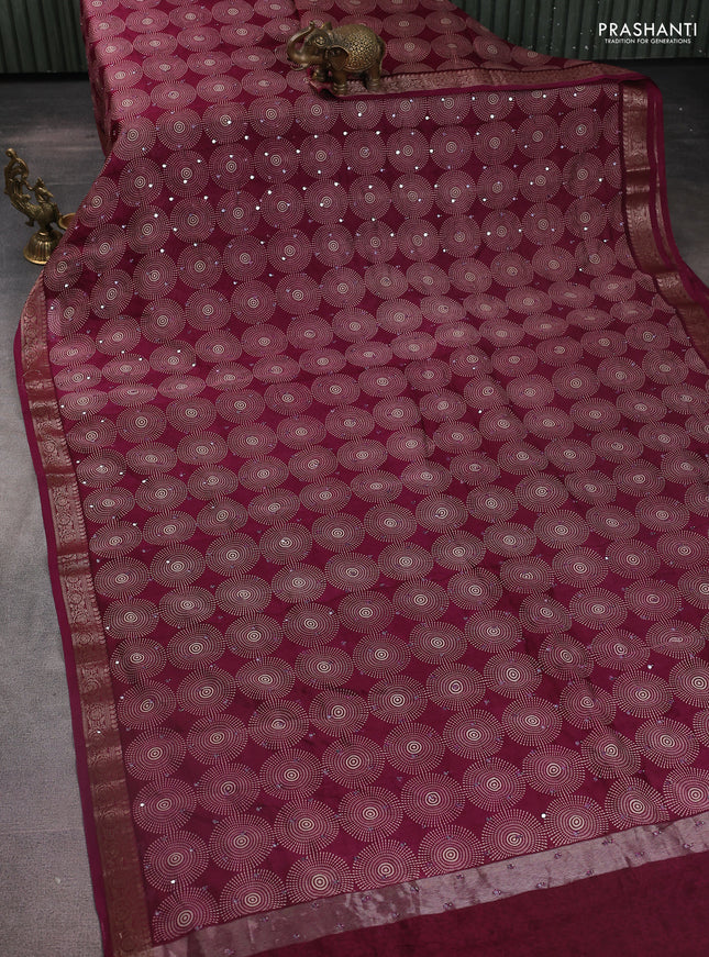 Chanderi silk cotton saree magenta pink with allover geometric prints & mirror work and zari woven border