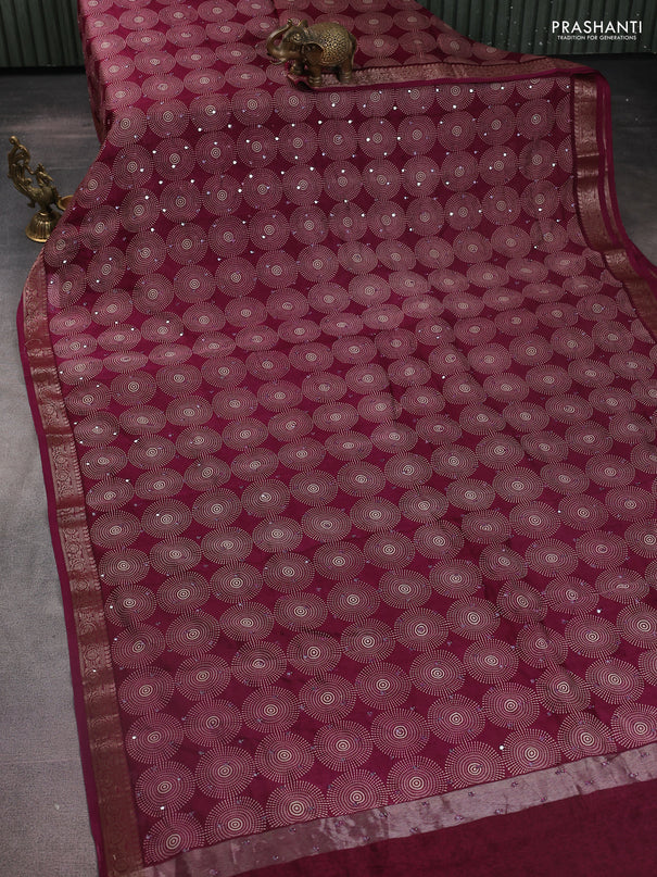 Chanderi silk cotton saree magenta pink with allover geometric prints & mirror work and zari woven border