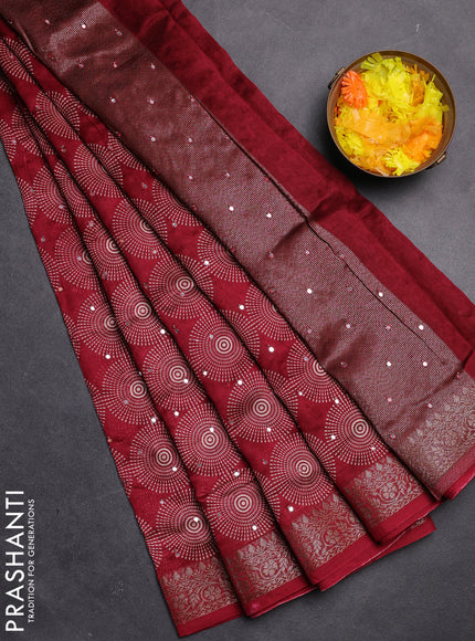 Chanderi silk cotton saree maroon with allover geometric prints & mirror work and zari woven border