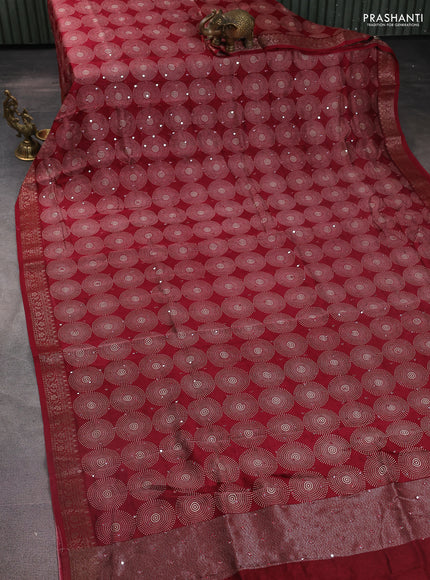 Chanderi silk cotton saree maroon with allover geometric prints & mirror work and zari woven border