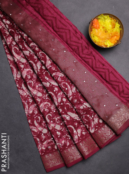 Chanderi silk cotton saree maroon with allover prints & mirror work and zari woven border