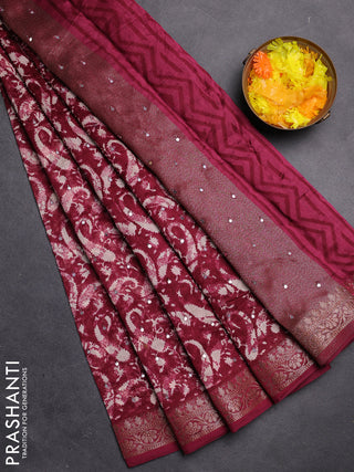 Chanderi silk cotton saree maroon with allover prints & mirror work and zari woven border