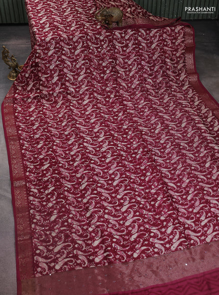 Chanderi silk cotton saree maroon with allover prints & mirror work and zari woven border