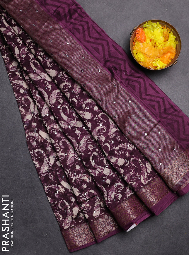 Chanderi silk cotton saree wine shade with allover prints & mirror work and zari woven border