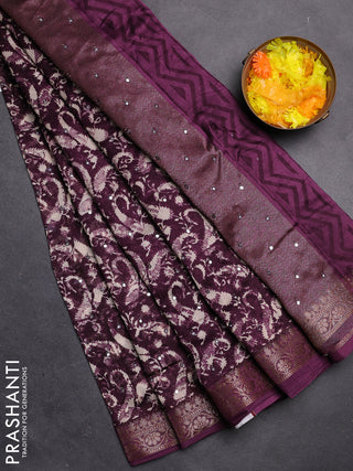 Chanderi silk cotton saree wine shade with allover prints & mirror work and zari woven border