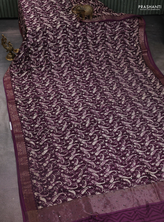 Chanderi silk cotton saree wine shade with allover prints & mirror work and zari woven border