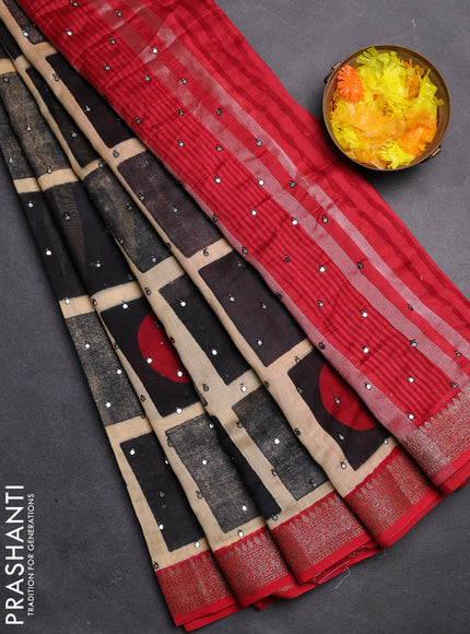 Chanderi silk cotton saree black and maroon with allover geometric prints & mirror work and zari woven border