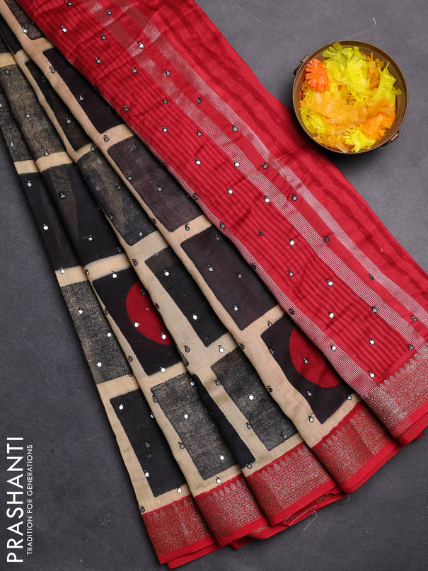 Chanderi silk cotton saree black and maroon with allover geometric prints & mirror work and zari woven border