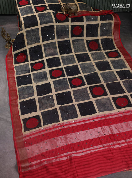 Chanderi silk cotton saree black and maroon with allover geometric prints & mirror work and zari woven border