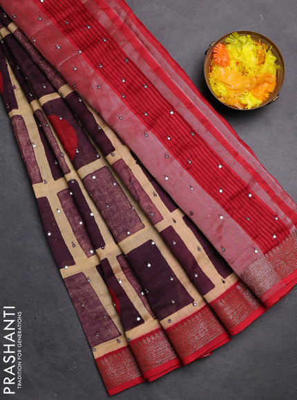 Chanderi silk cotton saree deep wine shade with allover geometric prints & mirror work and zari woven border