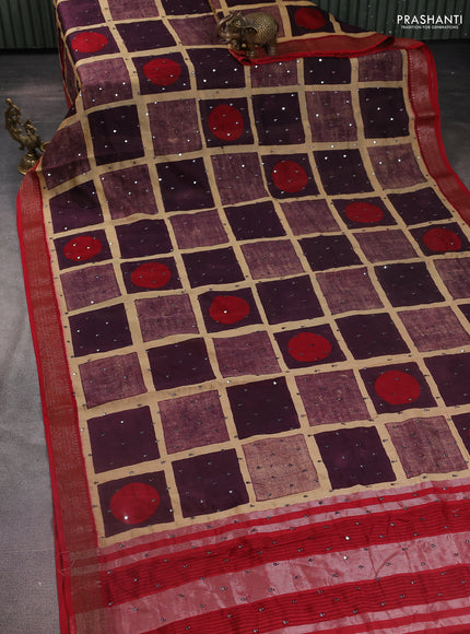 Chanderi silk cotton saree deep wine shade with allover geometric prints & mirror work and zari woven border