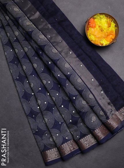 Chanderi silk cotton saree navy blue with allover geometric prints & mirror work and zari woven border