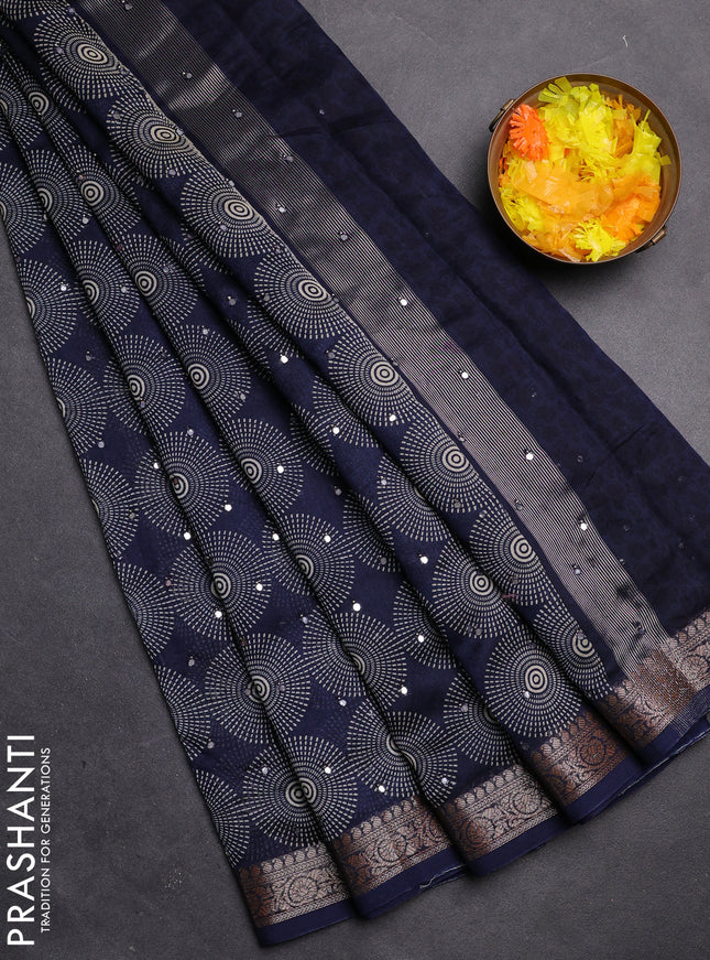 Chanderi silk cotton saree navy blue with allover geometric prints & mirror work and zari woven border