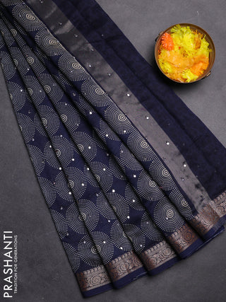 Chanderi silk cotton saree navy blue with allover geometric prints & mirror work and zari woven border