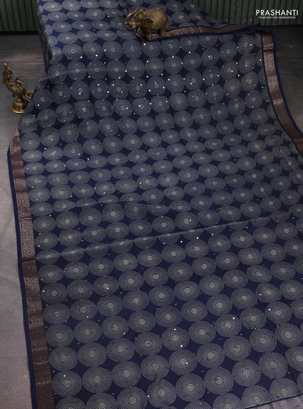 Chanderi silk cotton saree navy blue with allover geometric prints & mirror work and zari woven border