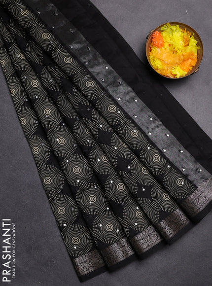 Chanderi silk cotton saree black with allover geometric prints & mirror work and zari woven border