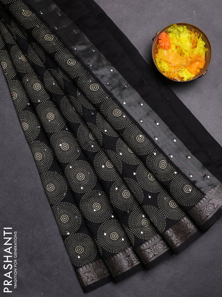 Chanderi silk cotton saree black with allover geometric prints & mirror work and zari woven border