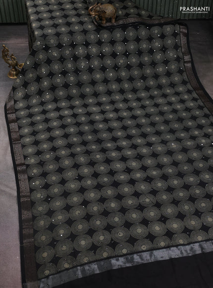 Chanderi silk cotton saree black with allover geometric prints & mirror work and zari woven border