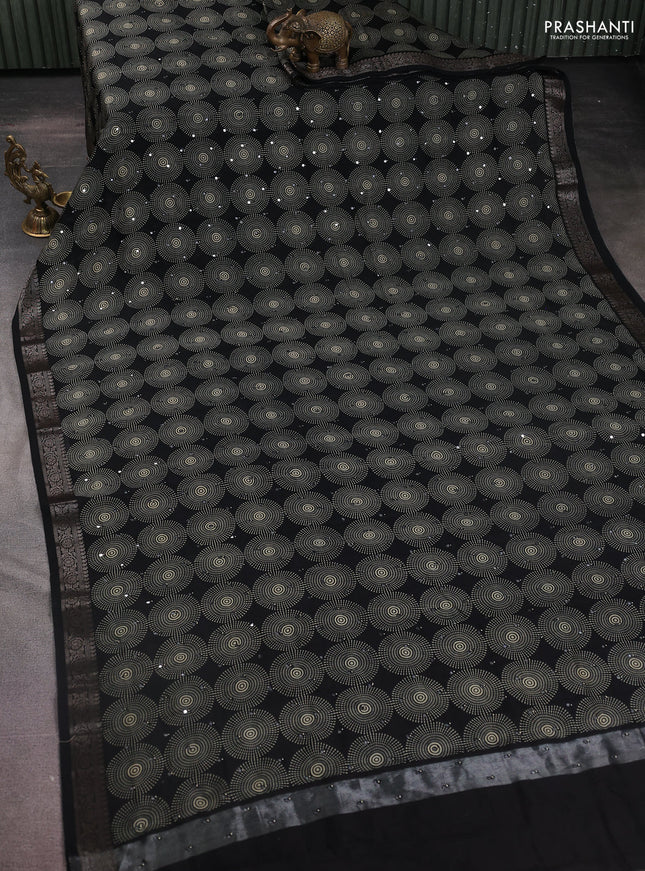 Chanderi silk cotton saree black with allover geometric prints & mirror work and zari woven border