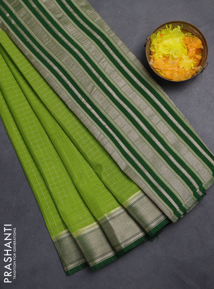 Semi mysore silk saree light green and green with allover zari checked pattern and zari woven border