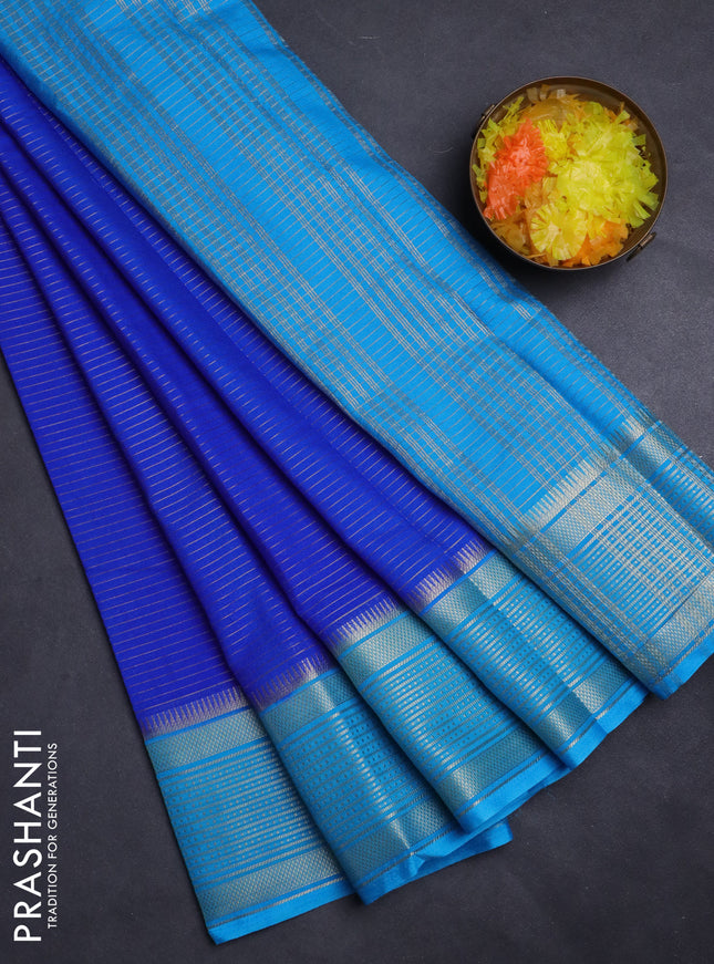 Semi mysore silk saree royal blue and cs blue with allover zari stripes pattern and zari woven border