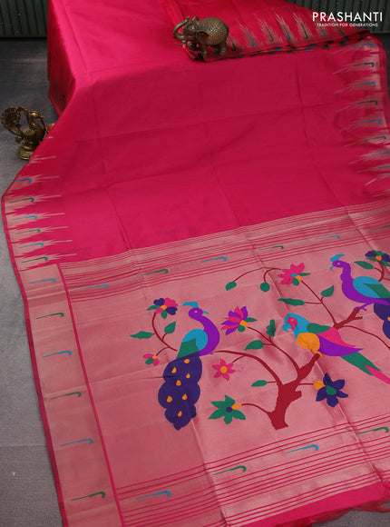 Semi paithani saree pink with plain body and peacock design paithani weaving pallu