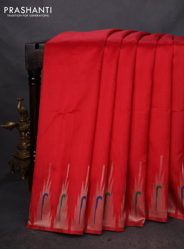 Semi paithani saree red with plain body and peacock design paithani weaving pallu