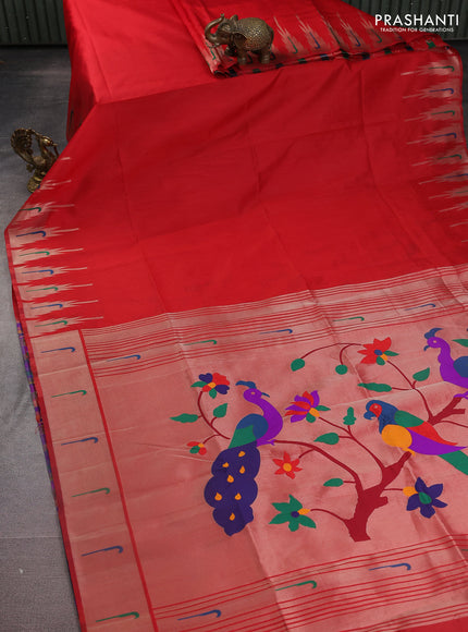 Semi paithani saree red with plain body and peacock design paithani weaving pallu
