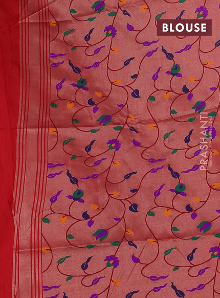 Semi paithani saree red with plain body and peacock design paithani weaving pallu
