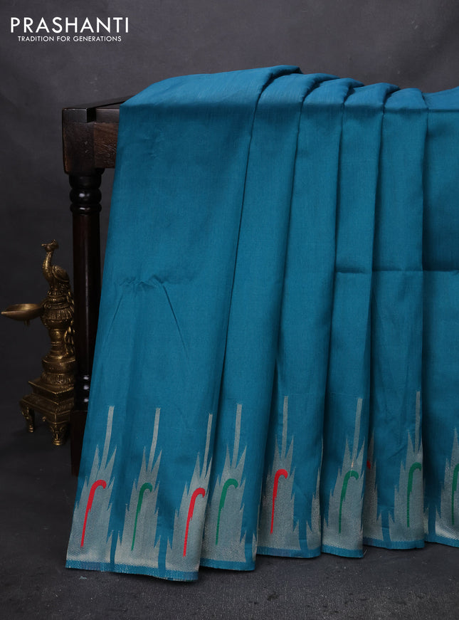 Semi paithani saree peacock green with plain body and peacock design paithani weaving pallu