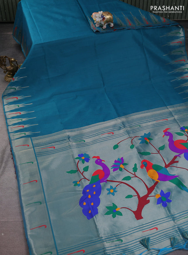 Semi paithani saree peacock green with plain body and peacock design paithani weaving pallu
