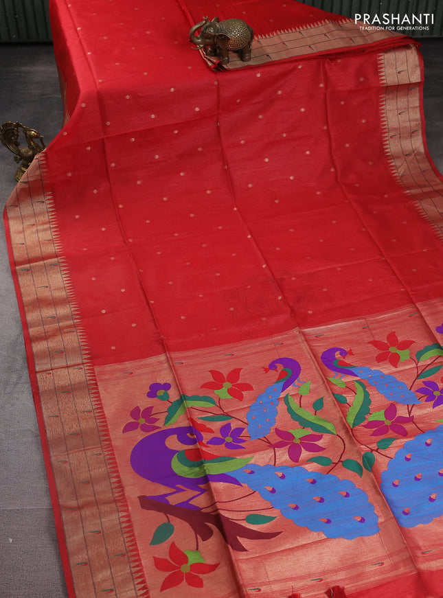 Semi paithani saree maroon with zari woven buttas and peacock design paithani weaving pallu