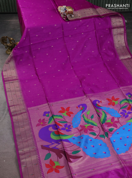 Semi paithani saree purple with zari woven buttas and peacock design paithani weaving pallu