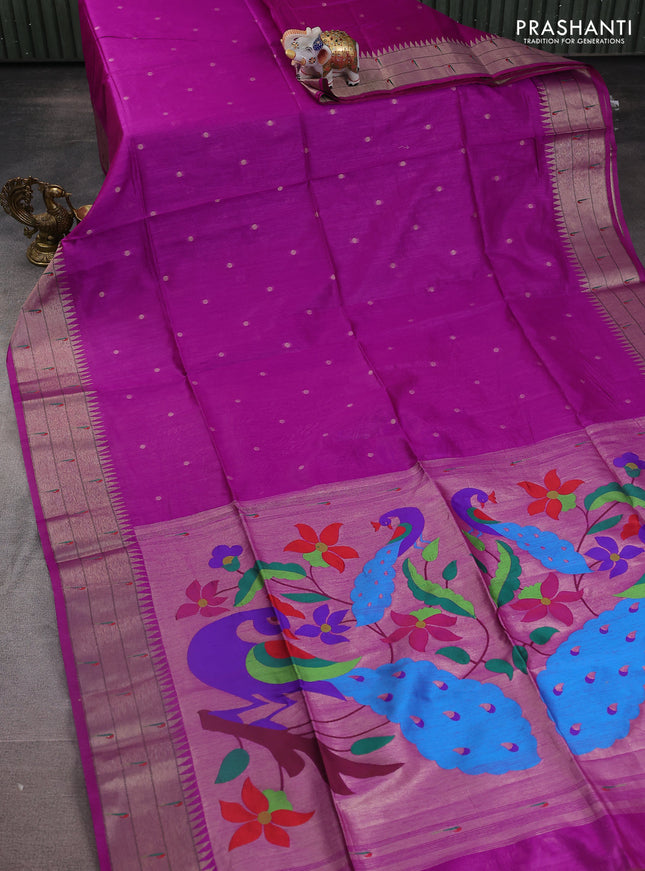 Semi paithani saree purple with zari woven buttas and peacock design paithani weaving pallu