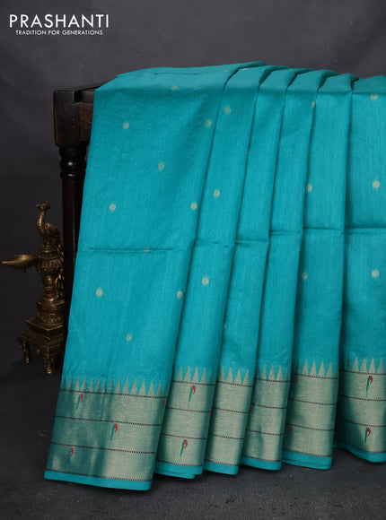 Semi paithani saree teal green with zari woven buttas and peacock design paithani weaving pallu