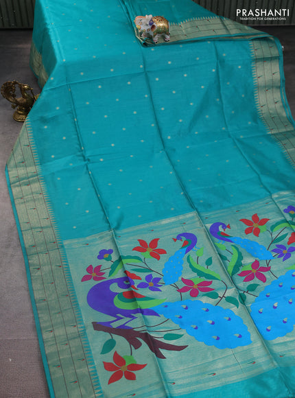Semi paithani saree teal green with zari woven buttas and peacock design paithani weaving pallu