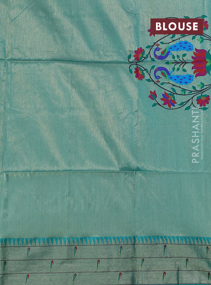 Semi paithani saree teal green with zari woven buttas and peacock design paithani weaving pallu