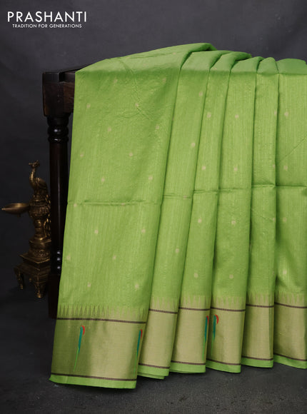 Semi paithani saree light green with zari woven buttas and peacock design paithani weaving pallu
