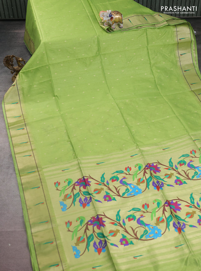 Semi paithani saree light green with zari woven buttas and peacock design paithani weaving pallu