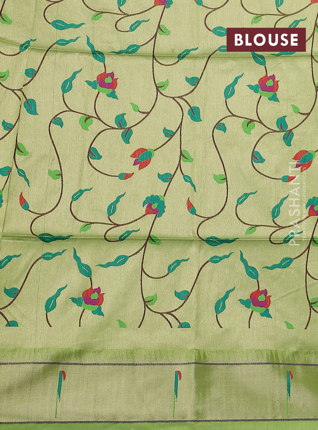 Semi paithani saree light green with zari woven buttas and peacock design paithani weaving pallu