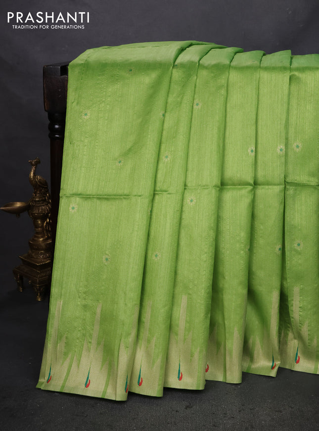 Semi paithani saree light green with zari woven buttas and pichwai design paithani weaving pallu