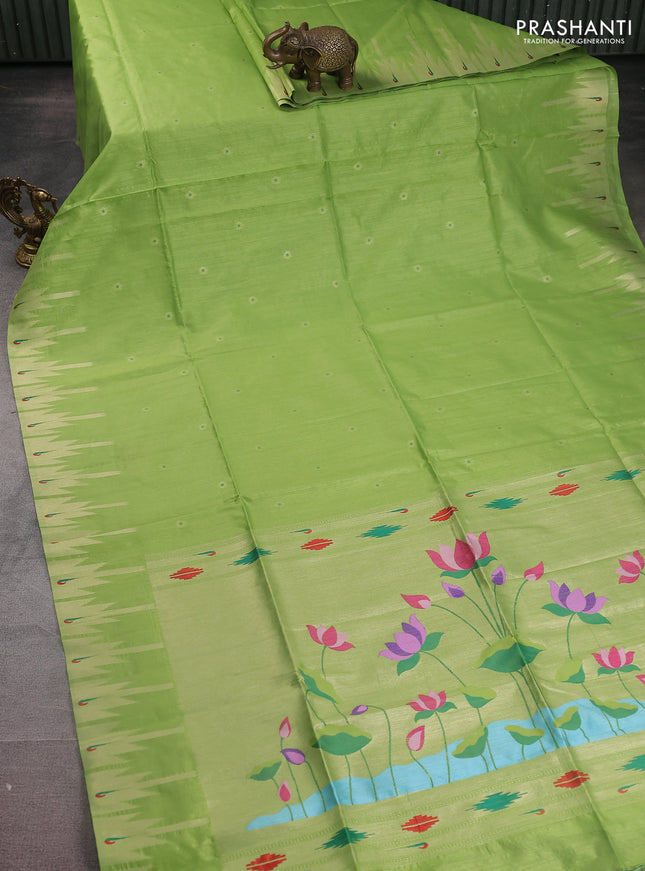 Semi paithani saree light green with zari woven buttas and pichwai design paithani weaving pallu