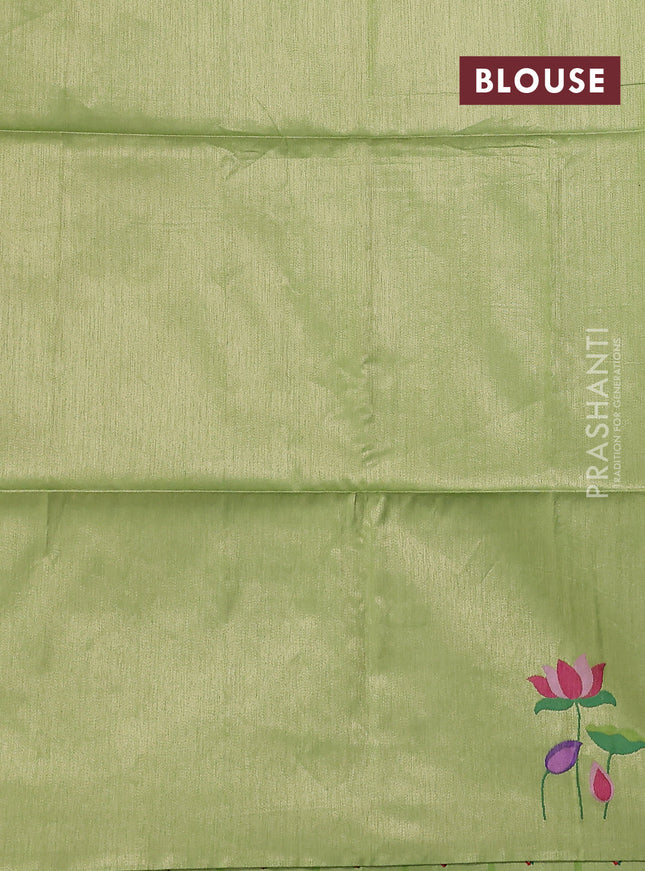Semi paithani saree light green with zari woven buttas and pichwai design paithani weaving pallu