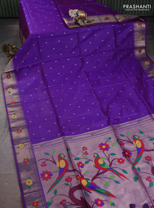 Semi paithani saree dual shade of violet with zari woven buttas and parrot design paithani weaving pallu