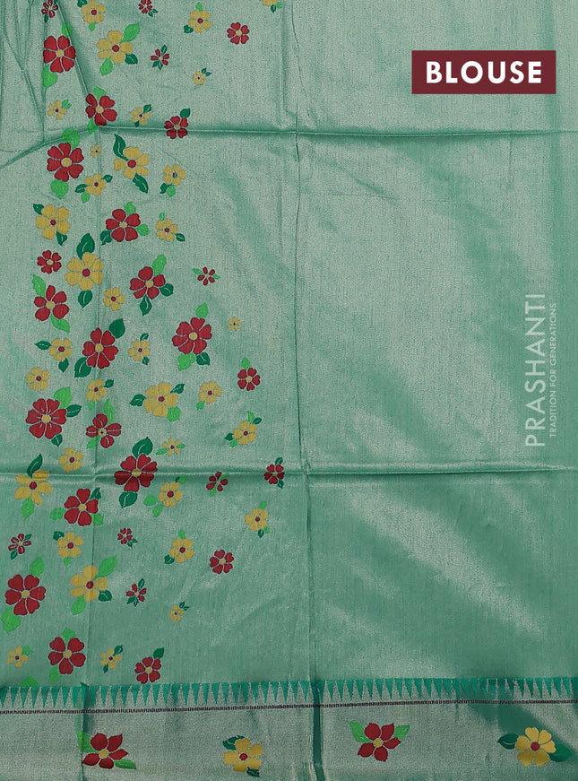 Semi paithani saree teal green with zari woven buttas and parrot design paithani weaving pallu