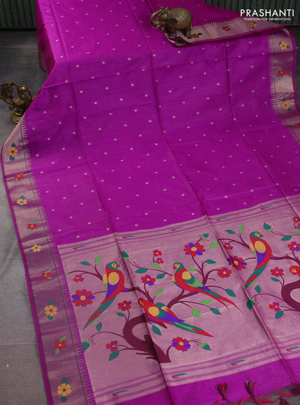 Semi paithani saree purple with zari woven buttas and parrot design paithani weaving pallu